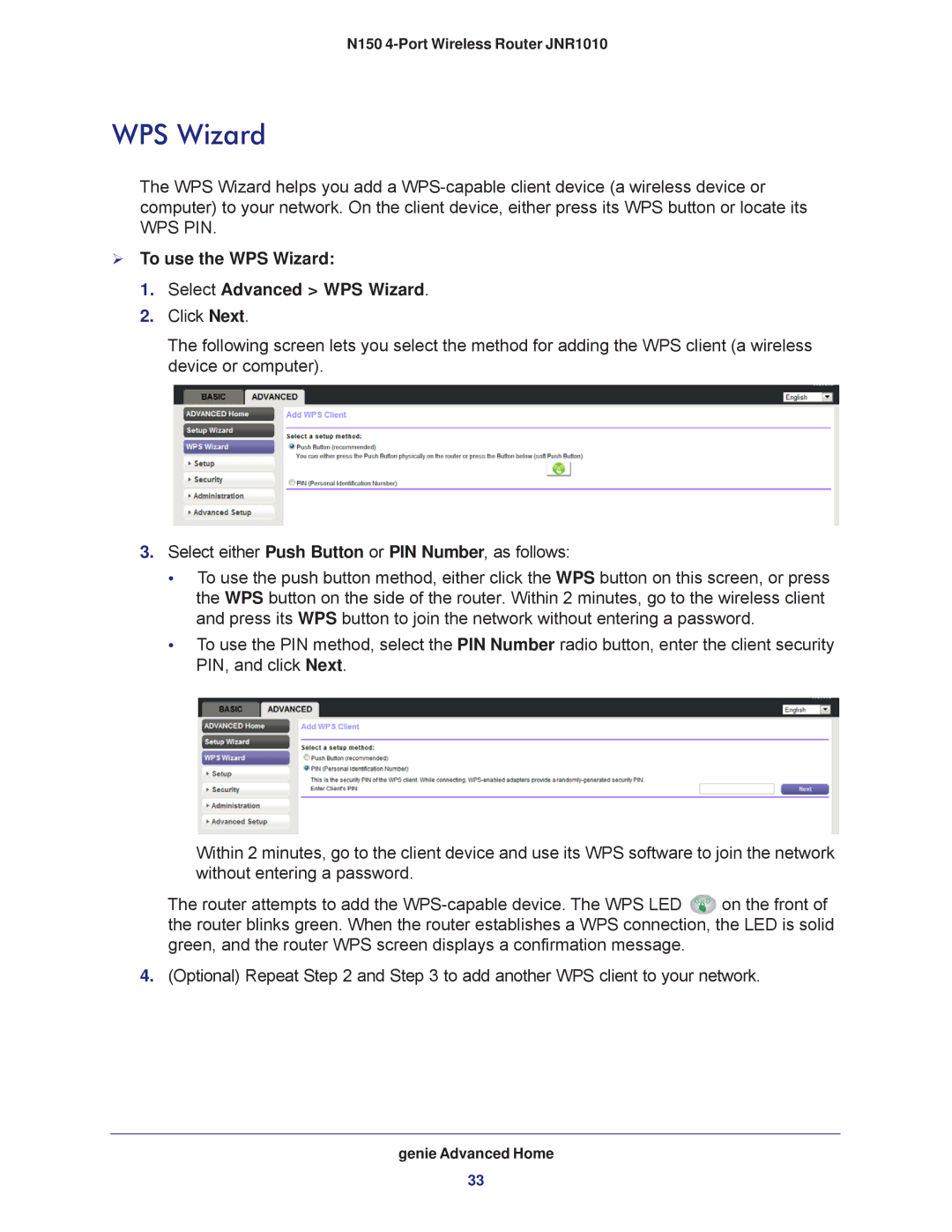 NETGEAR JNR1010 manual  To use the WPS Wizard Select Advanced WPS Wizard 