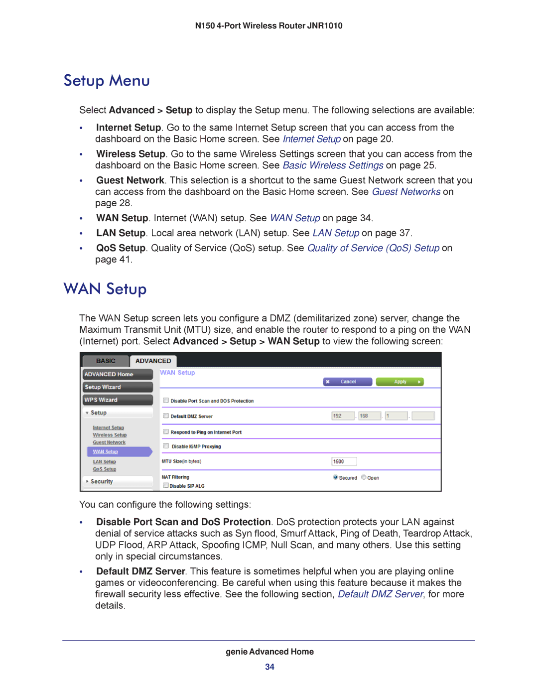 NETGEAR JNR1010 manual Setup Menu, WAN Setup 