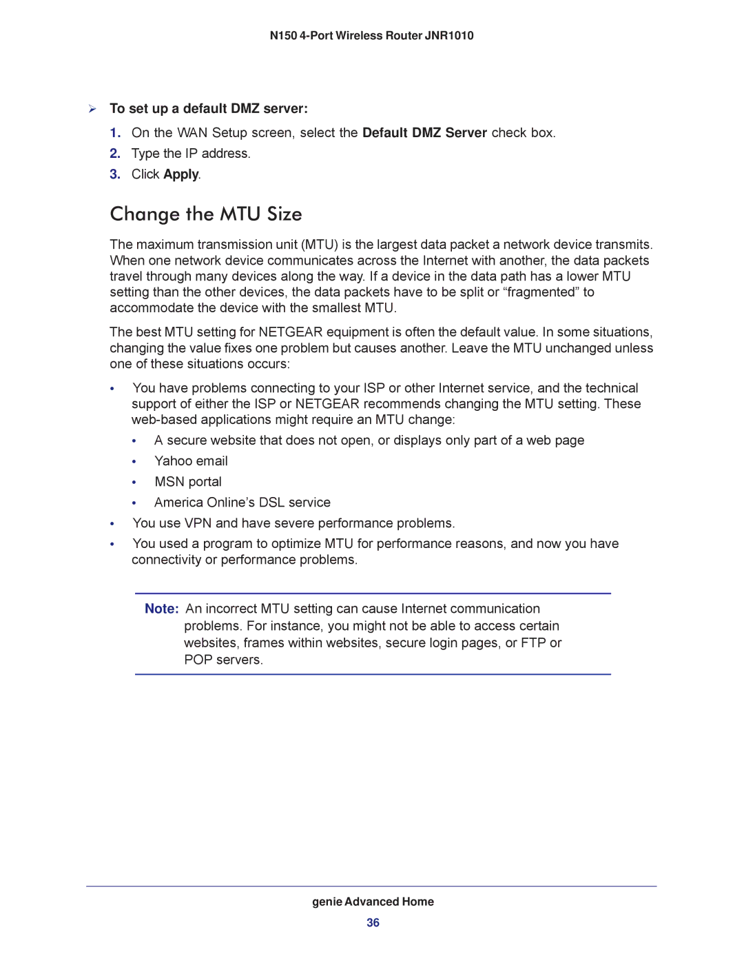 NETGEAR JNR1010 manual Change the MTU Size,  To set up a default DMZ server 