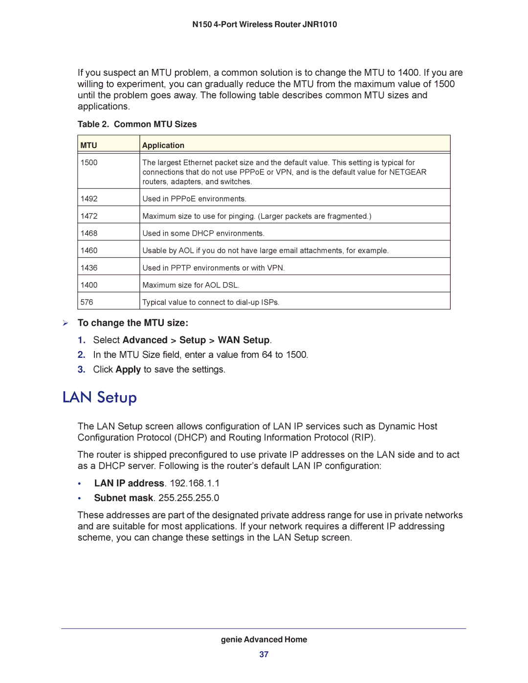 NETGEAR JNR1010 manual LAN Setup,  To change the MTU size Select Advanced Setup WAN Setup, LAN IP address 