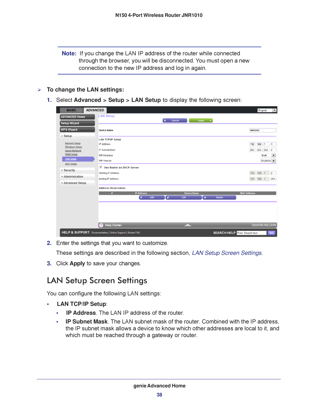 NETGEAR JNR1010 manual LAN Setup Screen Settings,  To change the LAN settings, LAN TCP/IP Setup 