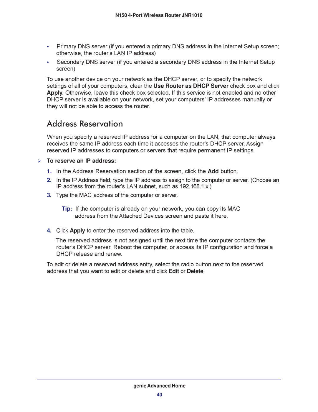 NETGEAR JNR1010 manual Address Reservation,  To reserve an IP address 