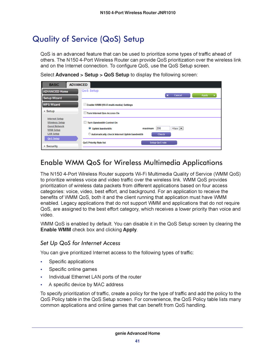 NETGEAR JNR1010 manual Quality of Service QoS Setup, Enable WMM QoS for Wireless Multimedia Applications 