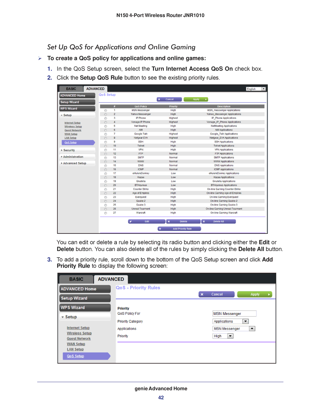 NETGEAR JNR1010 Set Up QoS for Applications and Online Gaming,  To create a QoS policy for applications and online games 