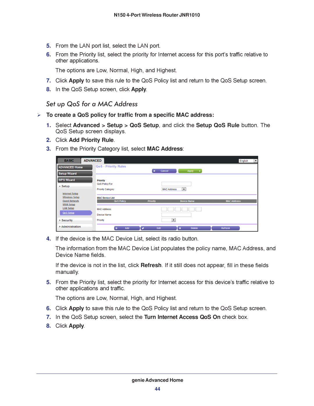 NETGEAR JNR1010 manual Set up QoS for a MAC Address, Click Add Priority Rule 