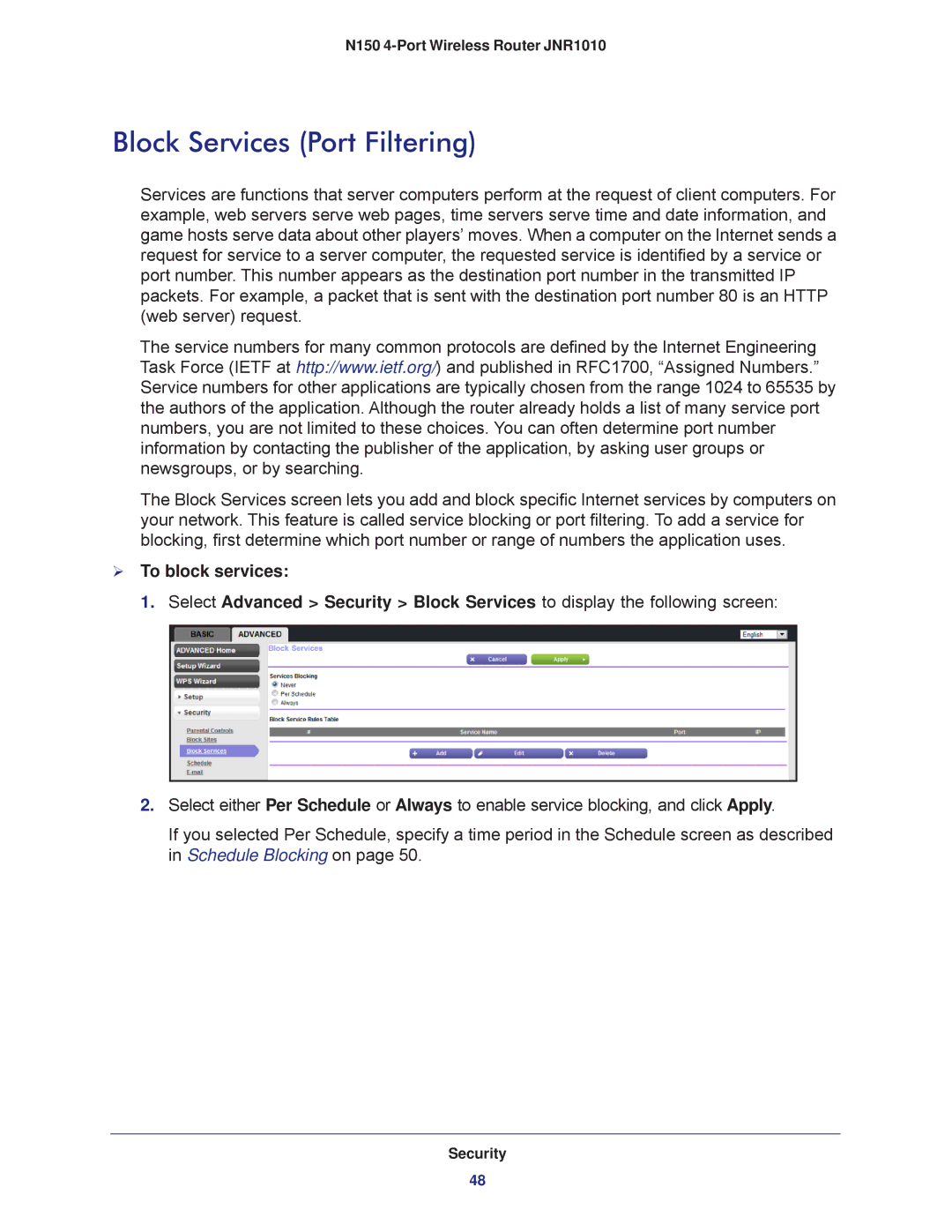 NETGEAR JNR1010 manual Block Services Port Filtering,  To block services 