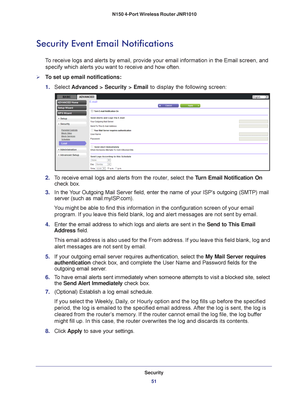 NETGEAR JNR1010 manual Security Event Email Notifications,  To set up email notifications 