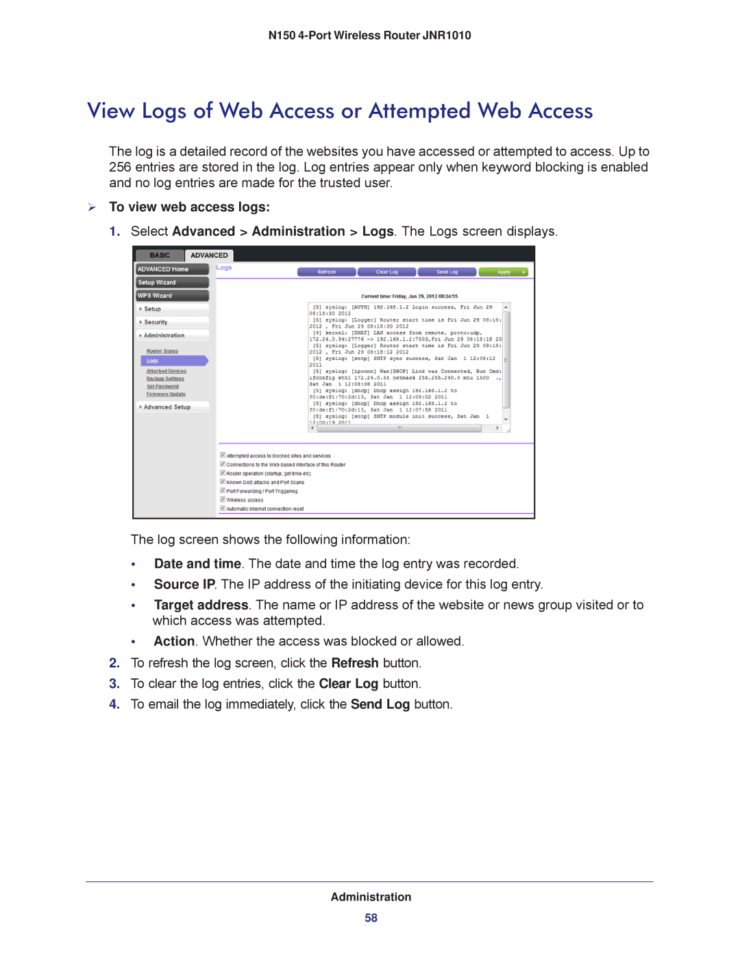 NETGEAR JNR1010 manual View Logs of Web Access or Attempted Web Access,  To view web access logs 