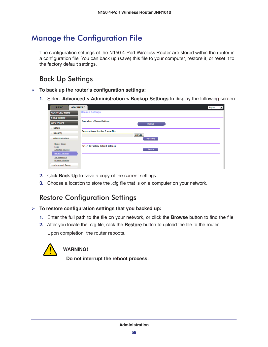 NETGEAR JNR1010 manual Manage the Configuration File, Back Up Settings, Restore Configuration Settings 