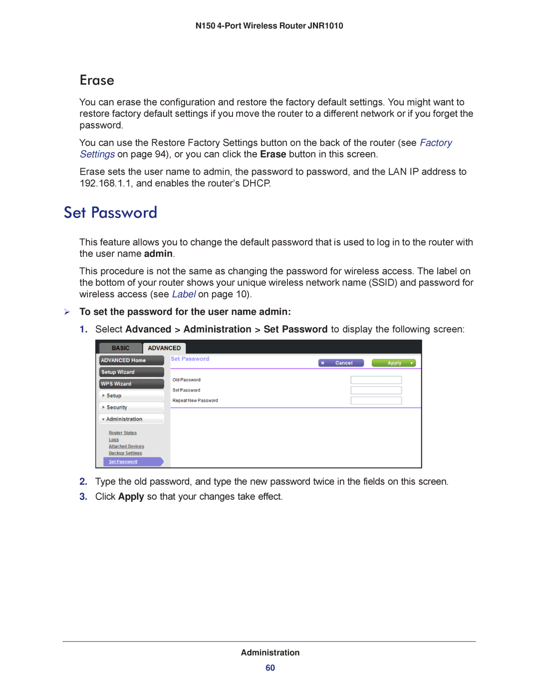 NETGEAR JNR1010 manual Set Password, Erase 