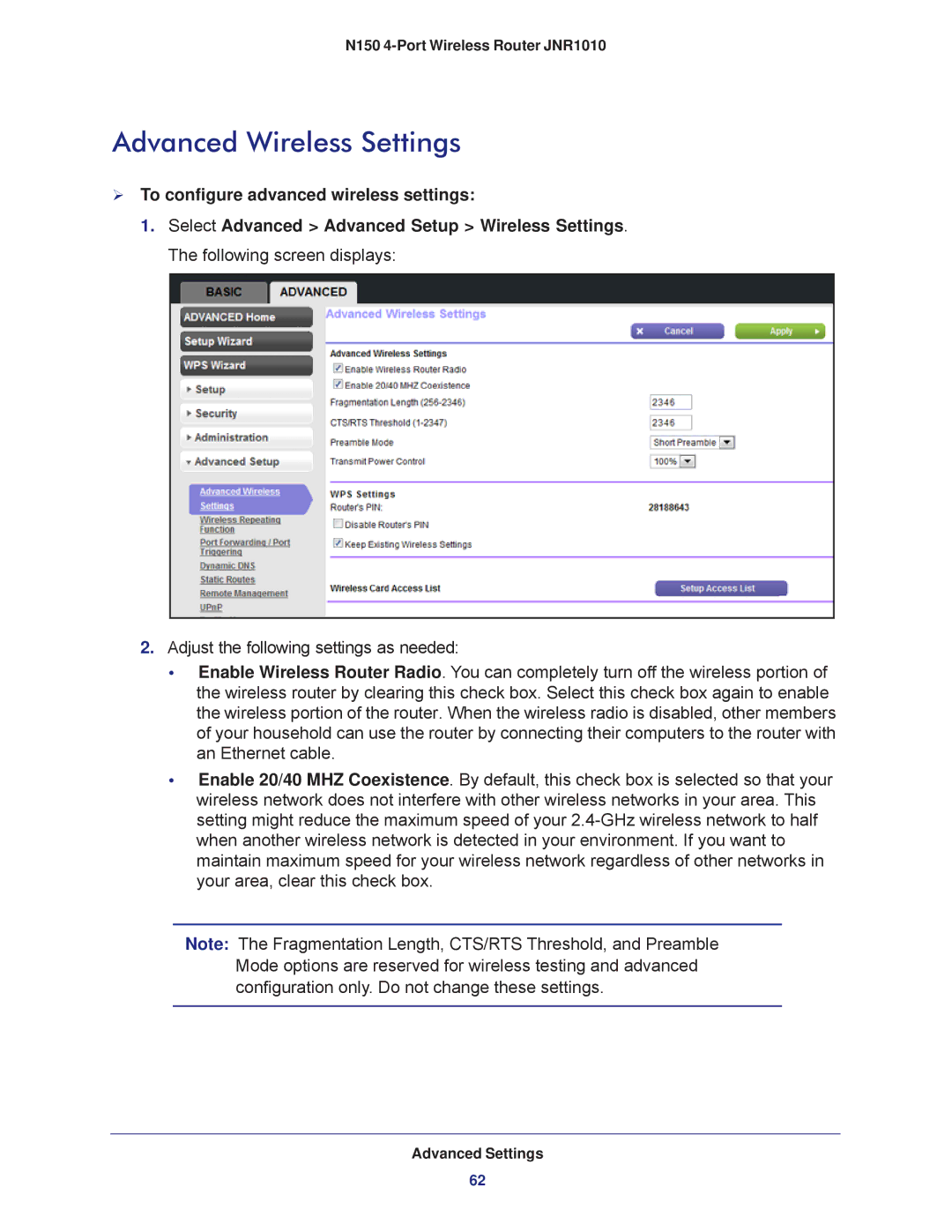 NETGEAR JNR1010 manual Advanced Wireless Settings,  To configure advanced wireless settings 