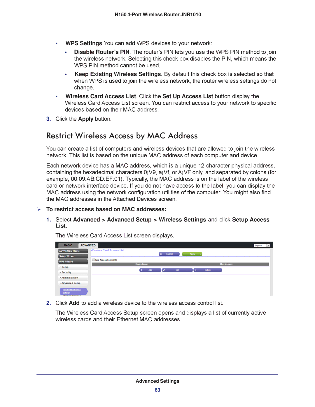 NETGEAR JNR1010 manual Restrict Wireless Access by MAC Address 