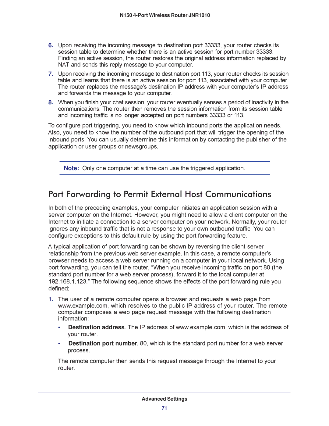 NETGEAR JNR1010 manual Port Forwarding to Permit External Host Communications 