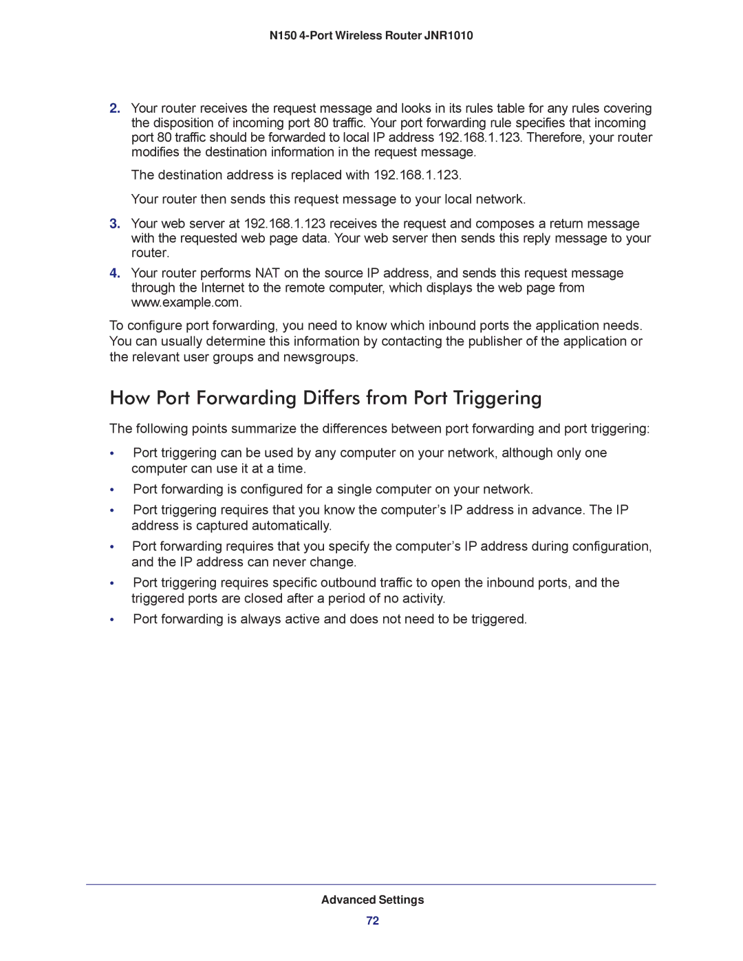 NETGEAR JNR1010 manual How Port Forwarding Differs from Port Triggering 