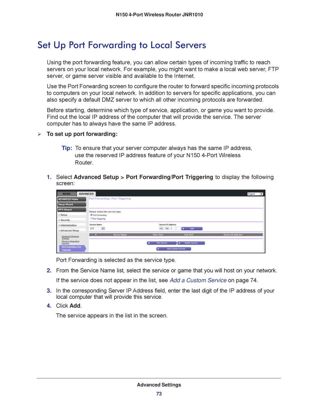 NETGEAR JNR1010 manual Set Up Port Forwarding to Local Servers,  To set up port forwarding 