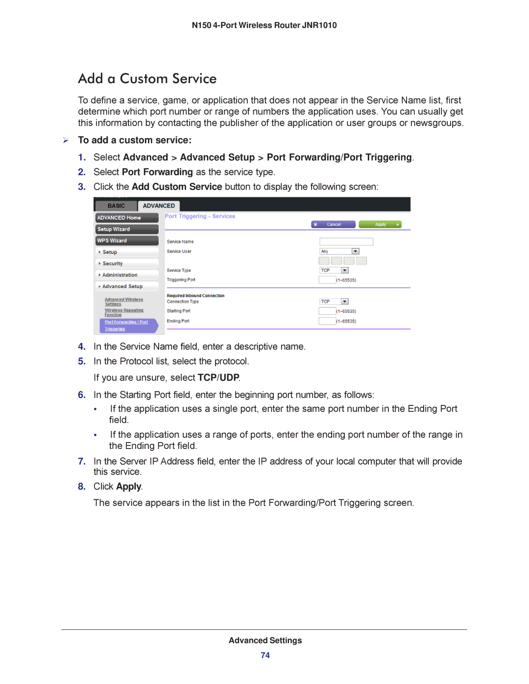 NETGEAR JNR1010 manual Add a Custom Service 