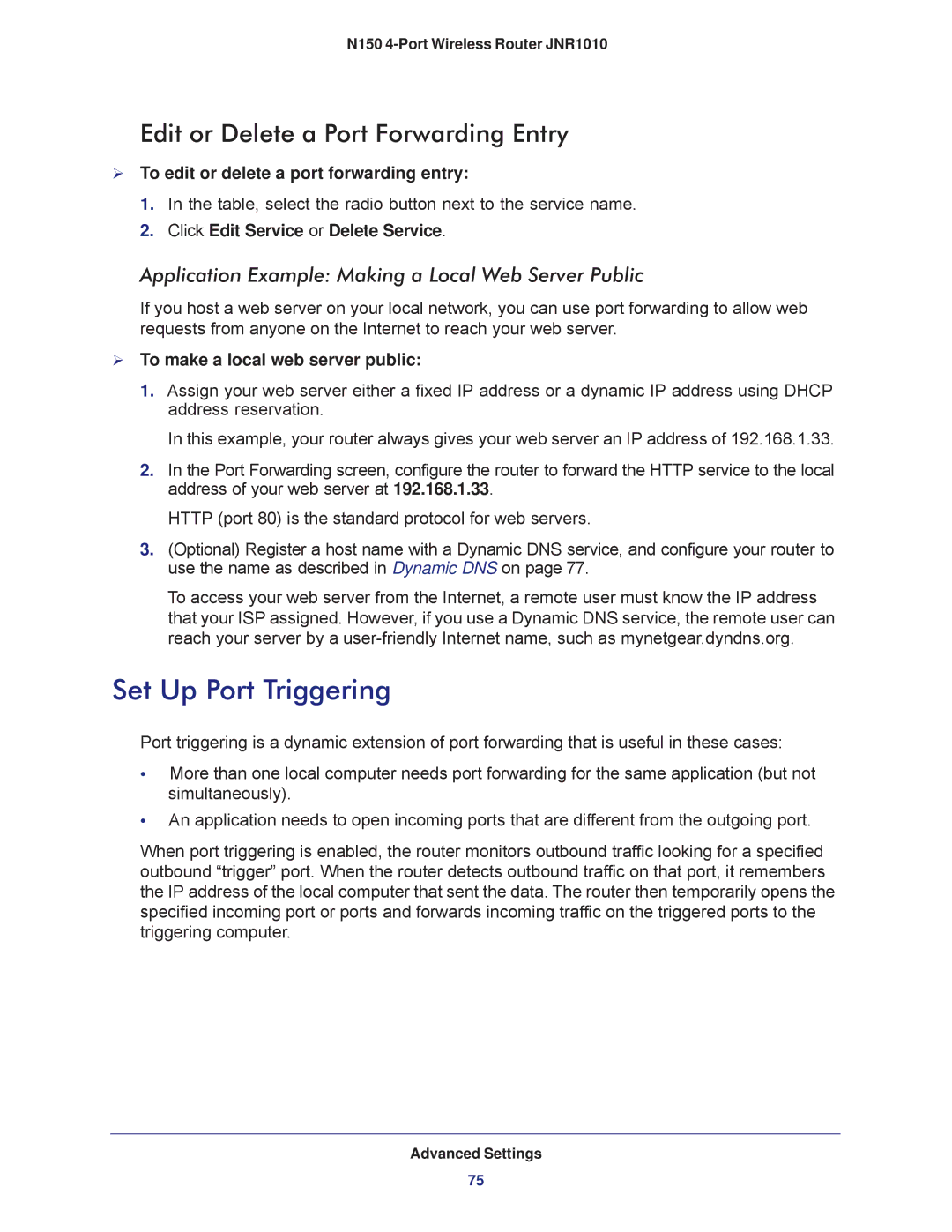 NETGEAR JNR1010 manual Set Up Port Triggering, Edit or Delete a Port Forwarding Entry, Click Edit Service or Delete Service 