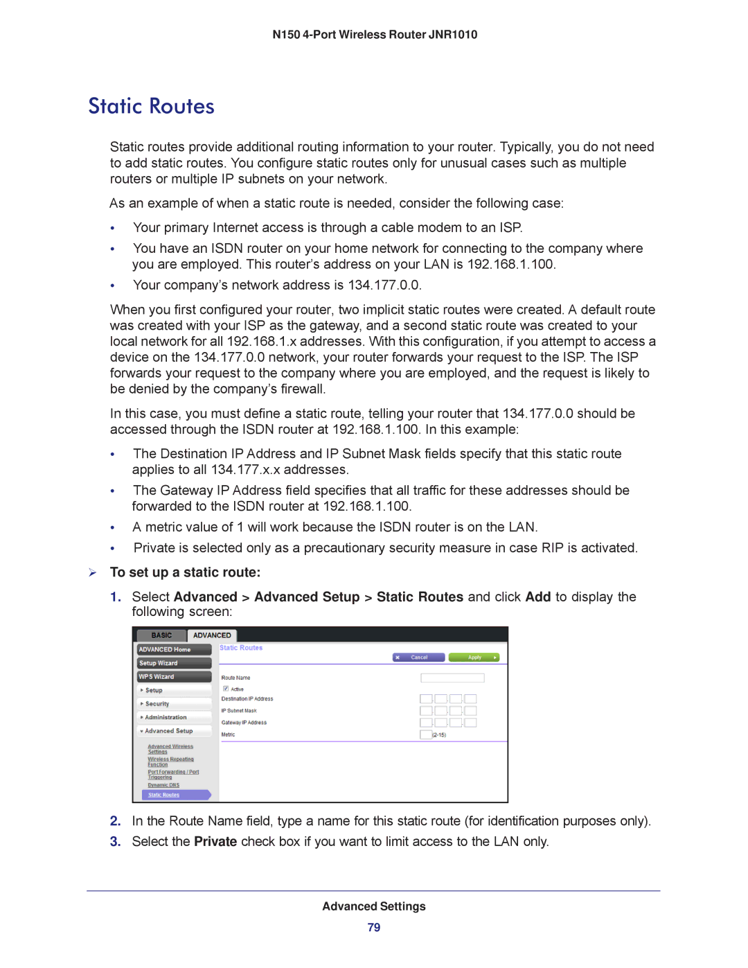 NETGEAR JNR1010 manual Static Routes,  To set up a static route 