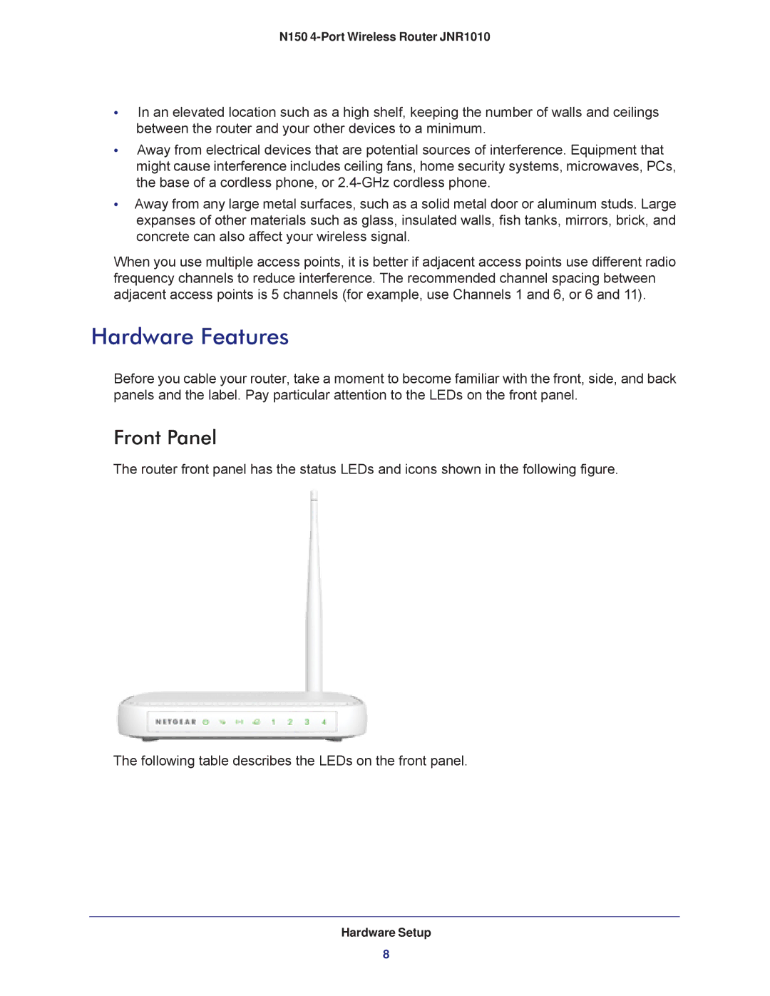 NETGEAR JNR1010 manual Hardware Features, Front Panel 