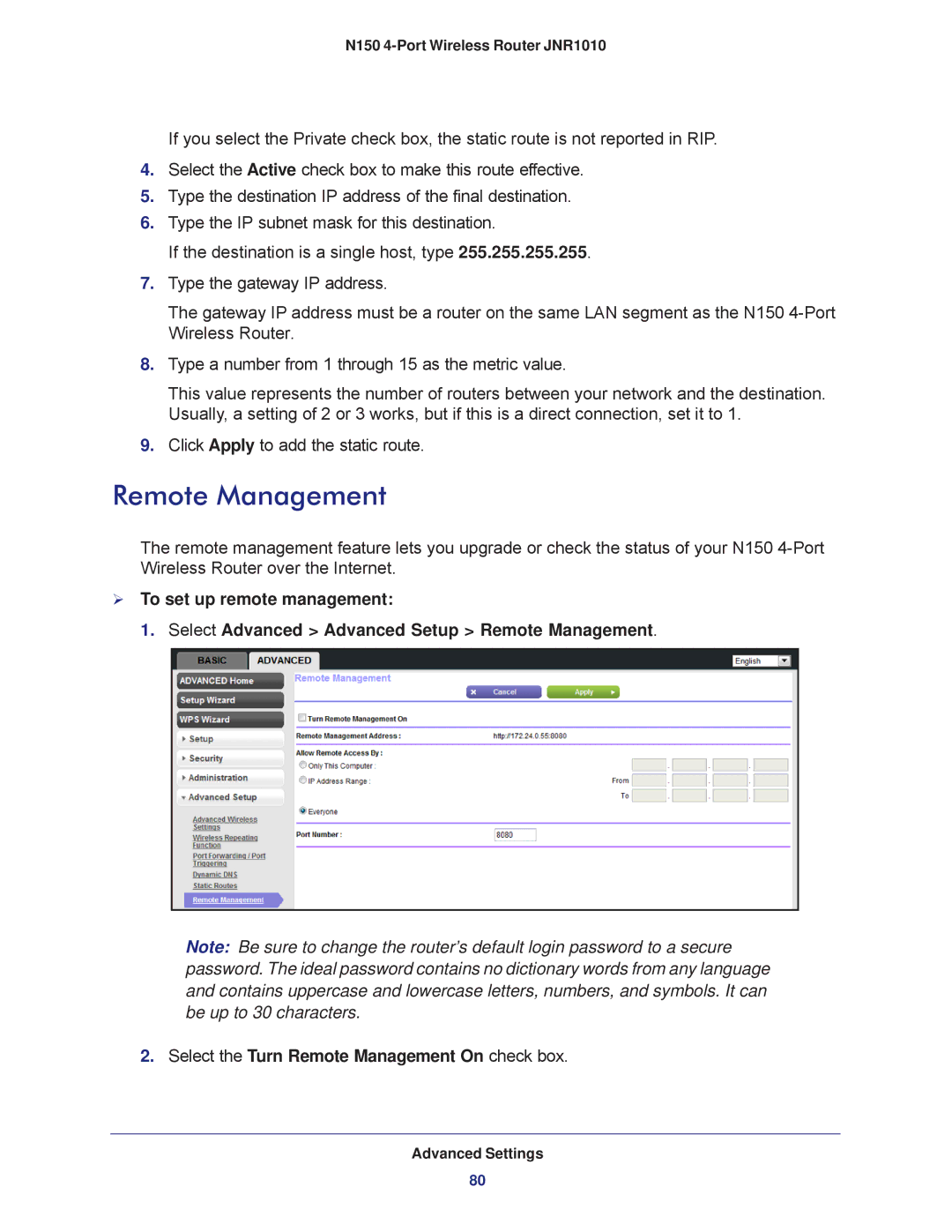 NETGEAR JNR1010 manual Remote Management 