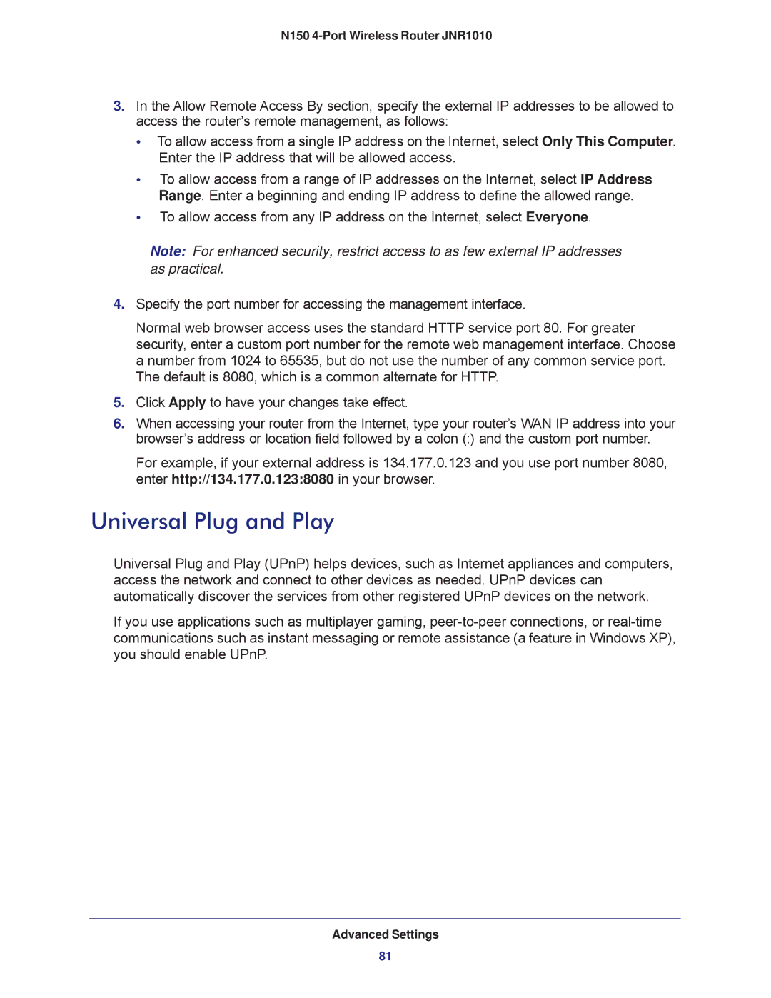 NETGEAR JNR1010 manual Universal Plug and Play 