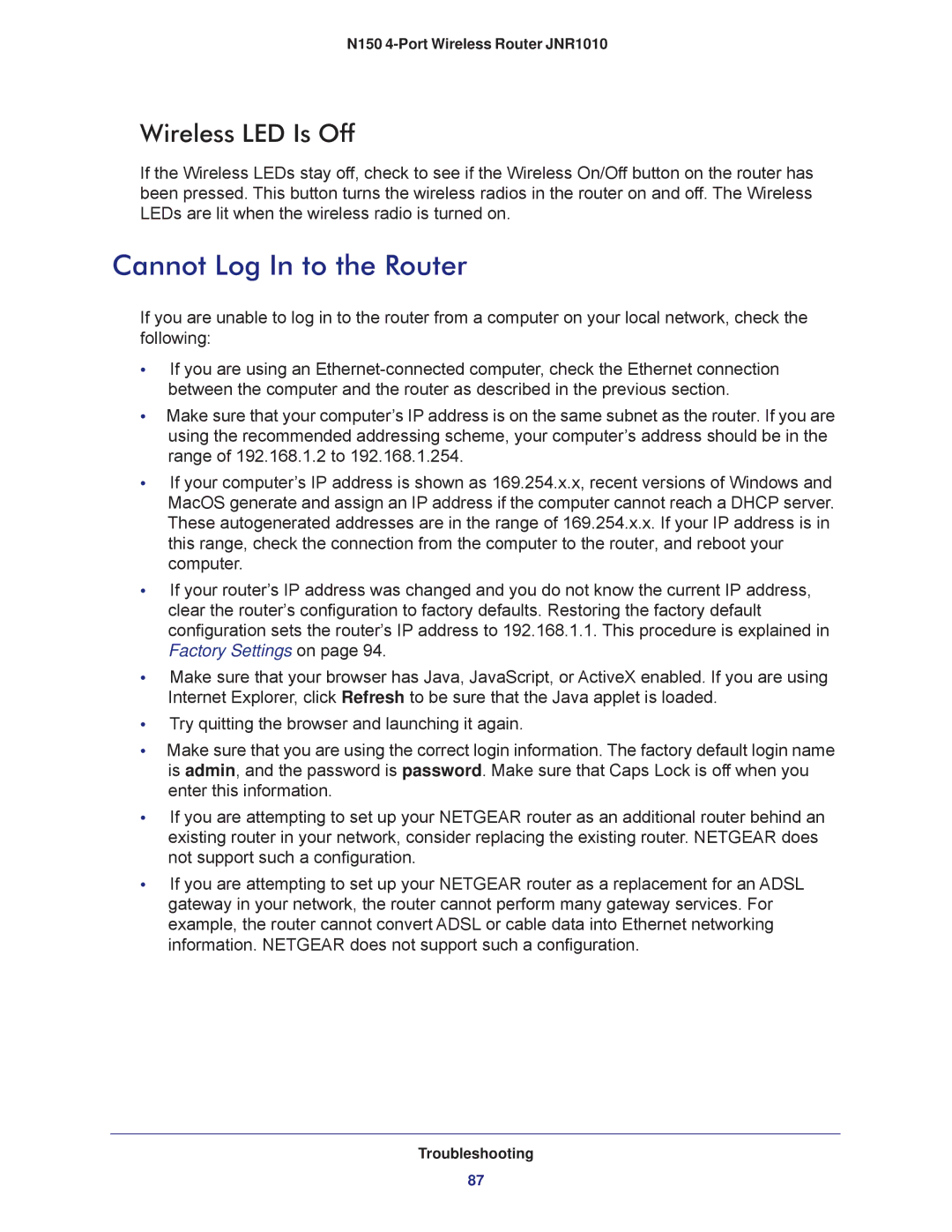 NETGEAR JNR1010 manual Cannot Log In to the Router, Wireless LED Is Off 