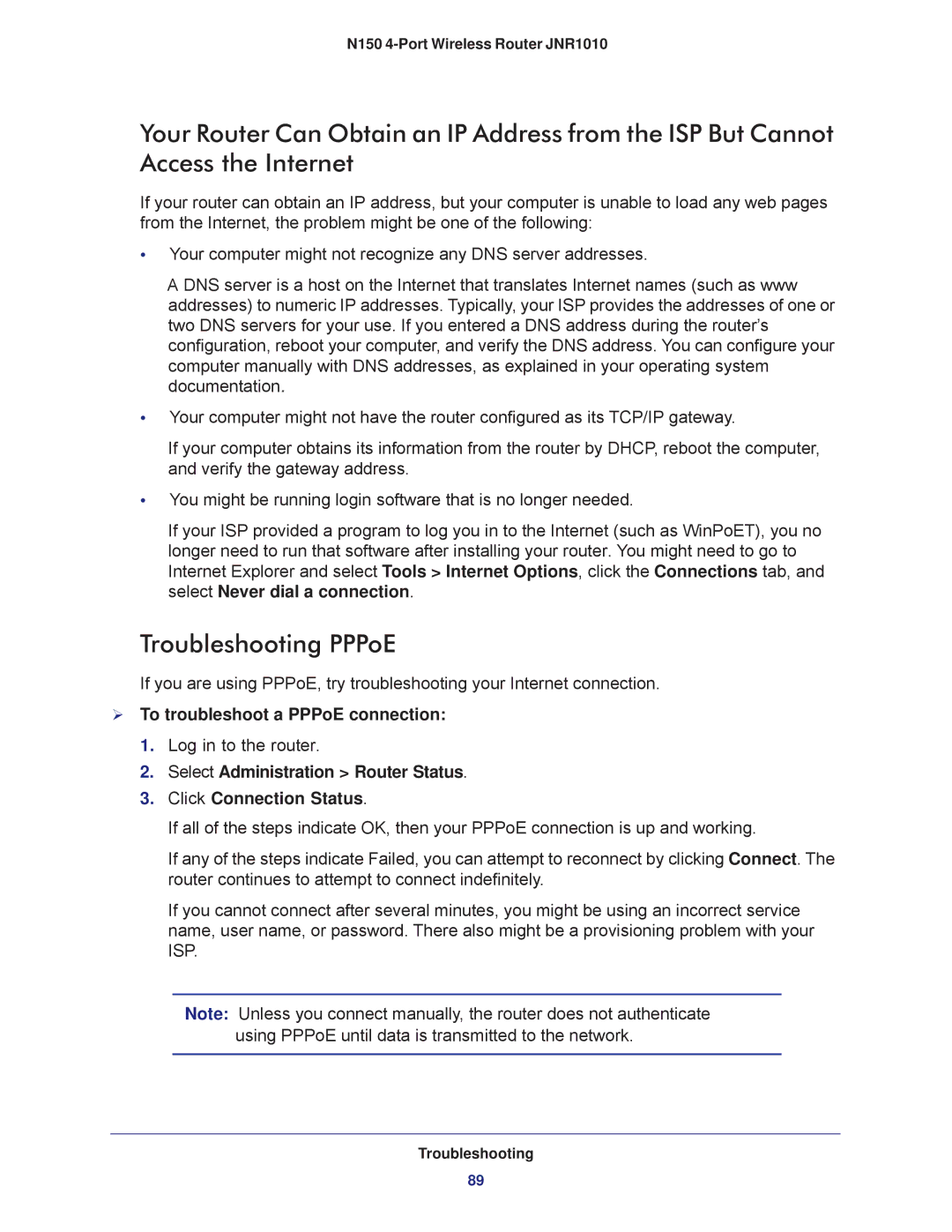 NETGEAR JNR1010 manual Troubleshooting PPPoE,  To troubleshoot a PPPoE connection 