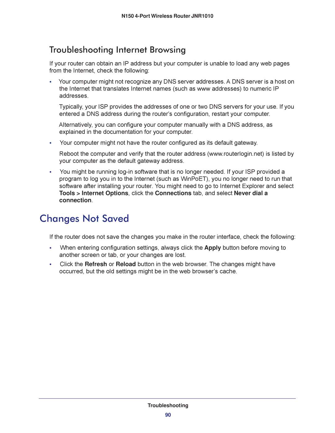 NETGEAR JNR1010 manual Changes Not Saved, Troubleshooting Internet Browsing 