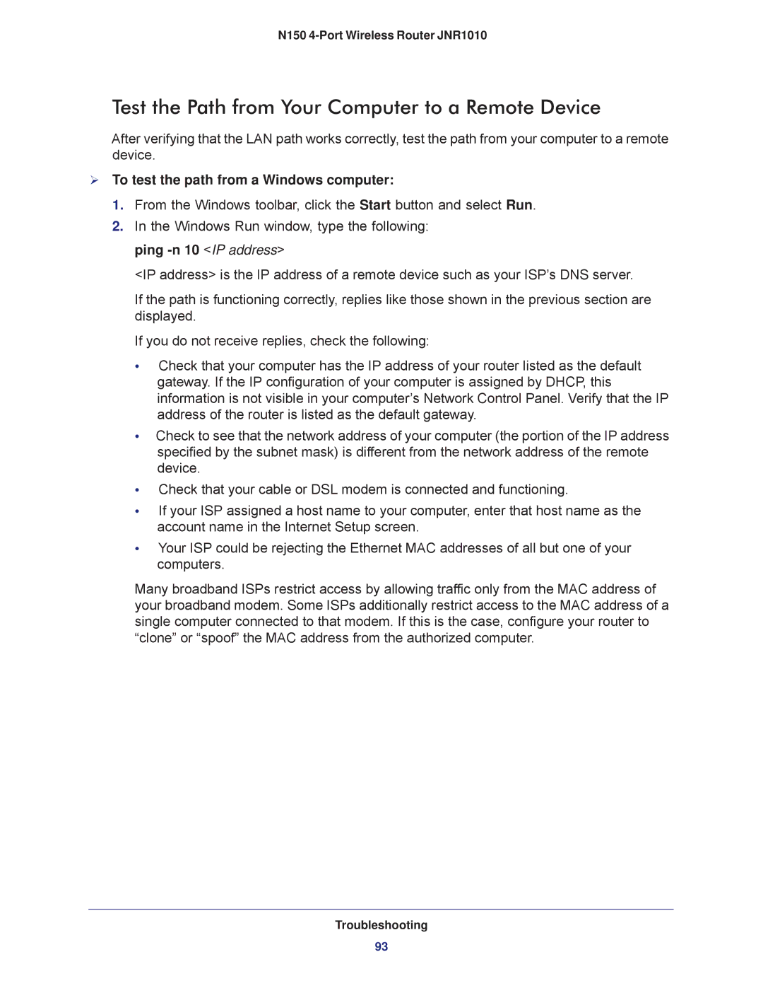 NETGEAR JNR1010 manual Test the Path from Your Computer to a Remote Device,  To test the path from a Windows computer 