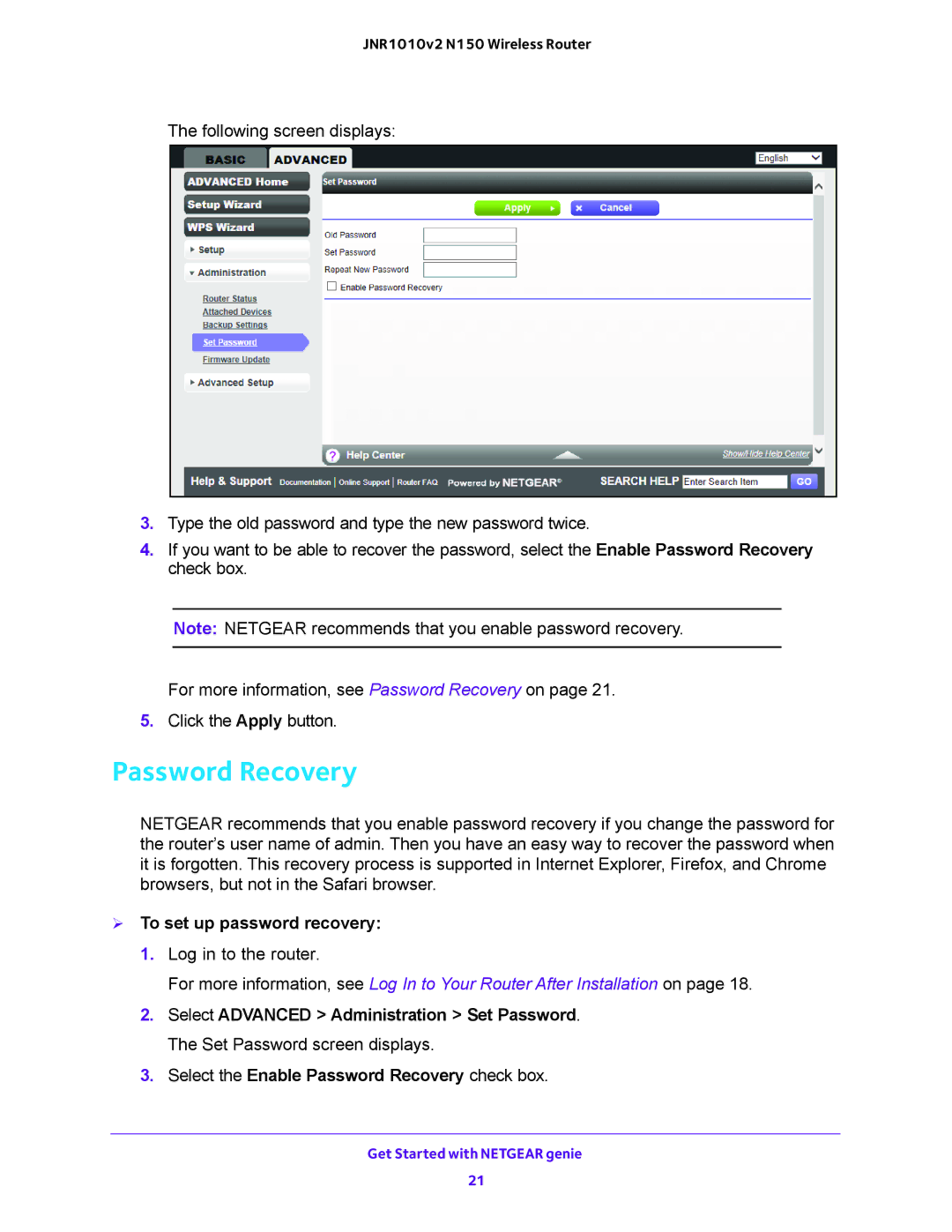 NETGEAR JNR1010V2 user manual  To set up password recovery, Select the Enable Password Recovery check box 