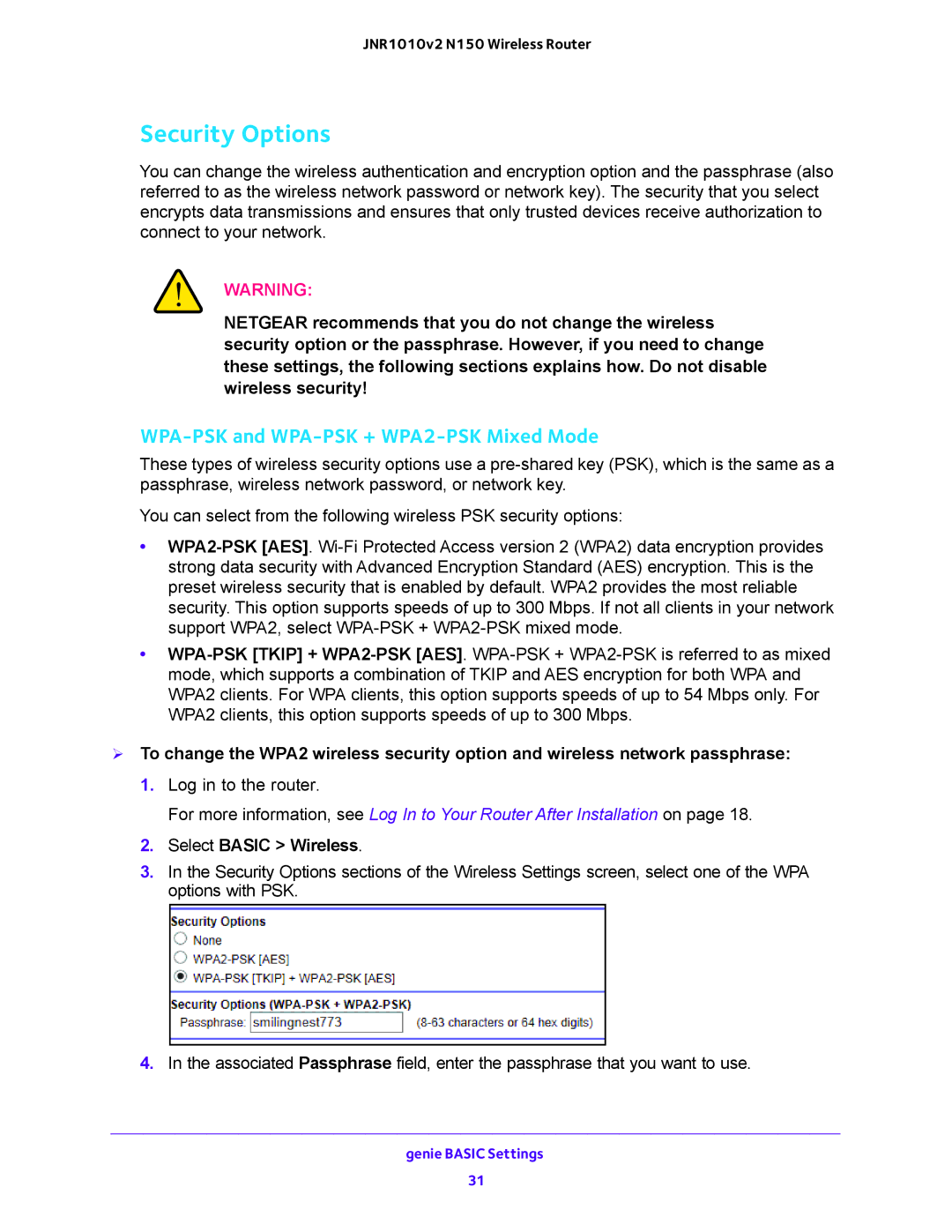 NETGEAR JNR1010V2 user manual Security Options, WPA-PSK and WPA-PSK + WPA2-PSK Mixed Mode 