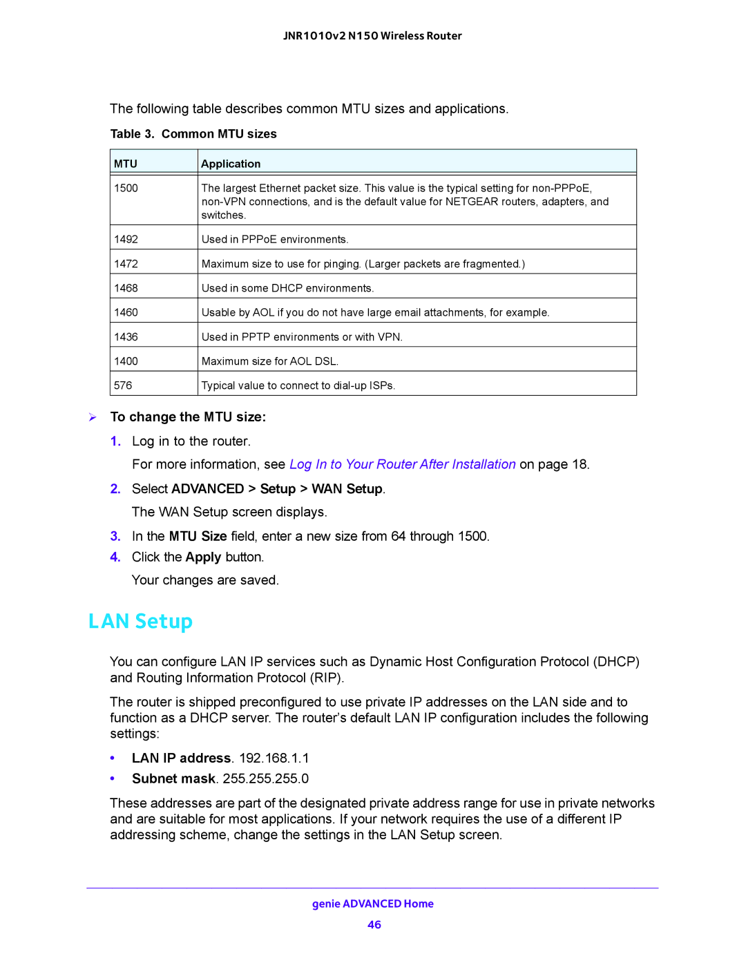 NETGEAR JNR1010V2 user manual LAN Setup,  To change the MTU size, LAN IP address 