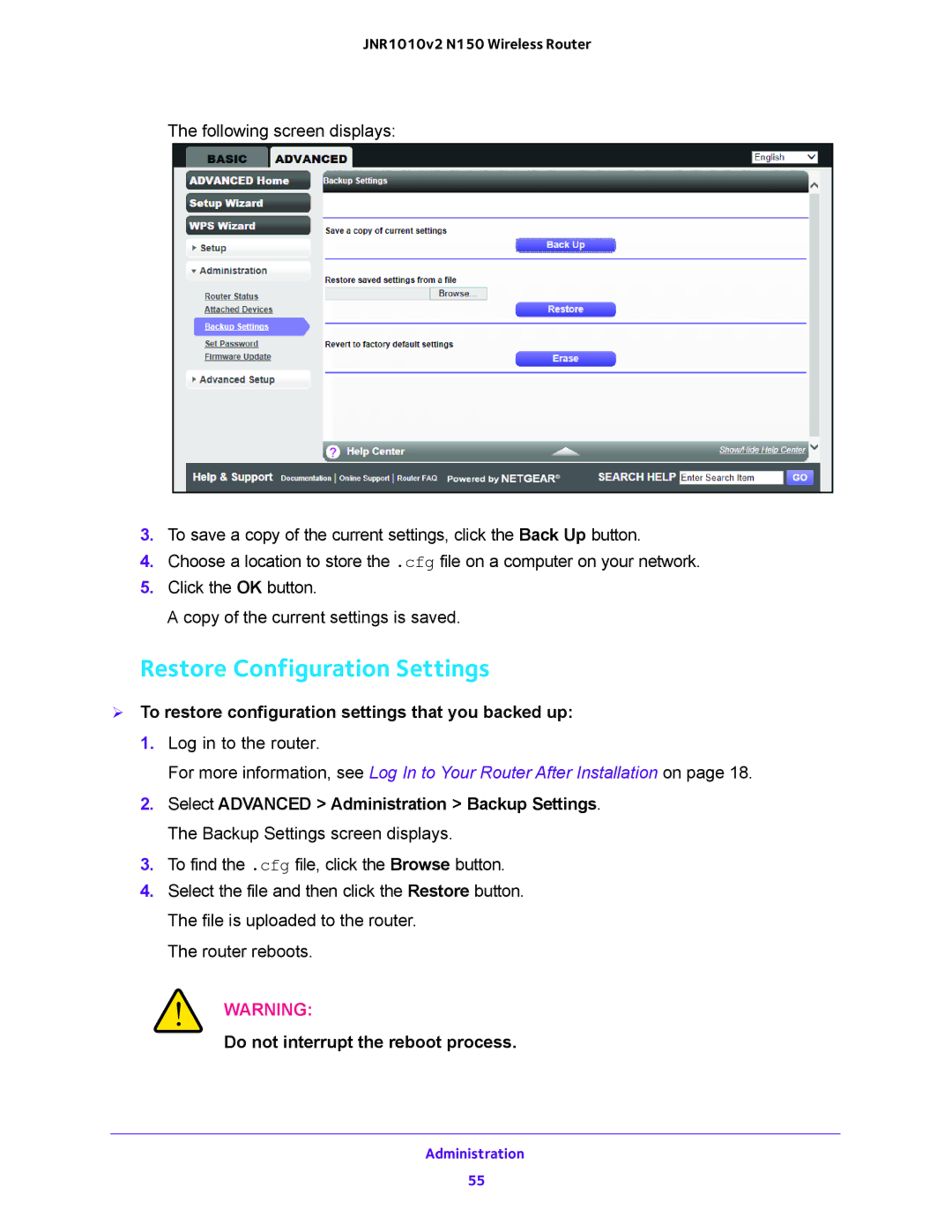 NETGEAR JNR1010V2 user manual Restore Configuration Settings,  To restore configuration settings that you backed up 