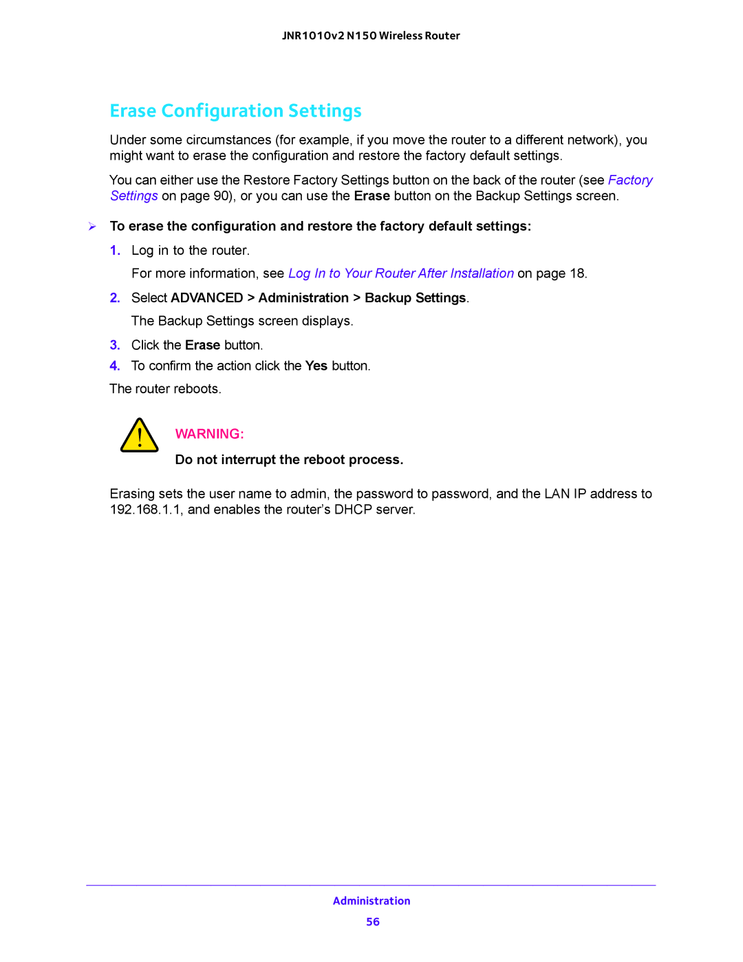 NETGEAR JNR1010V2 user manual Erase Configuration Settings 