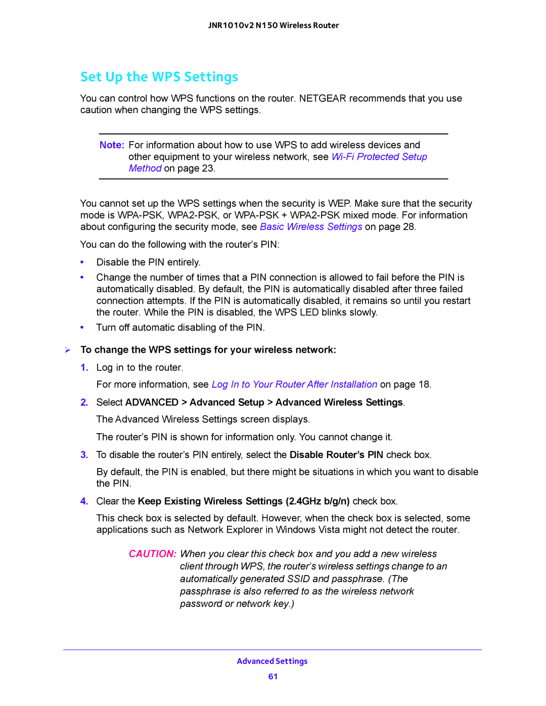 NETGEAR JNR1010V2 user manual Set Up the WPS Settings,  To change the WPS settings for your wireless network 