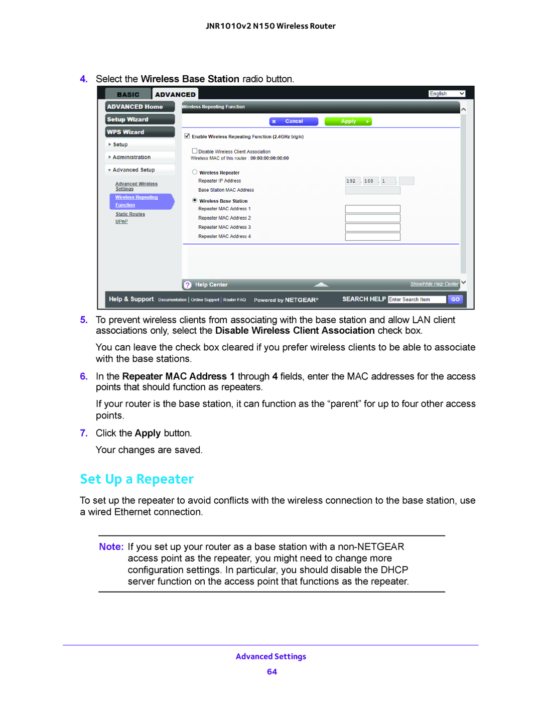 NETGEAR JNR1010V2 user manual Set Up a Repeater, Select the Wireless Base Station radio button 