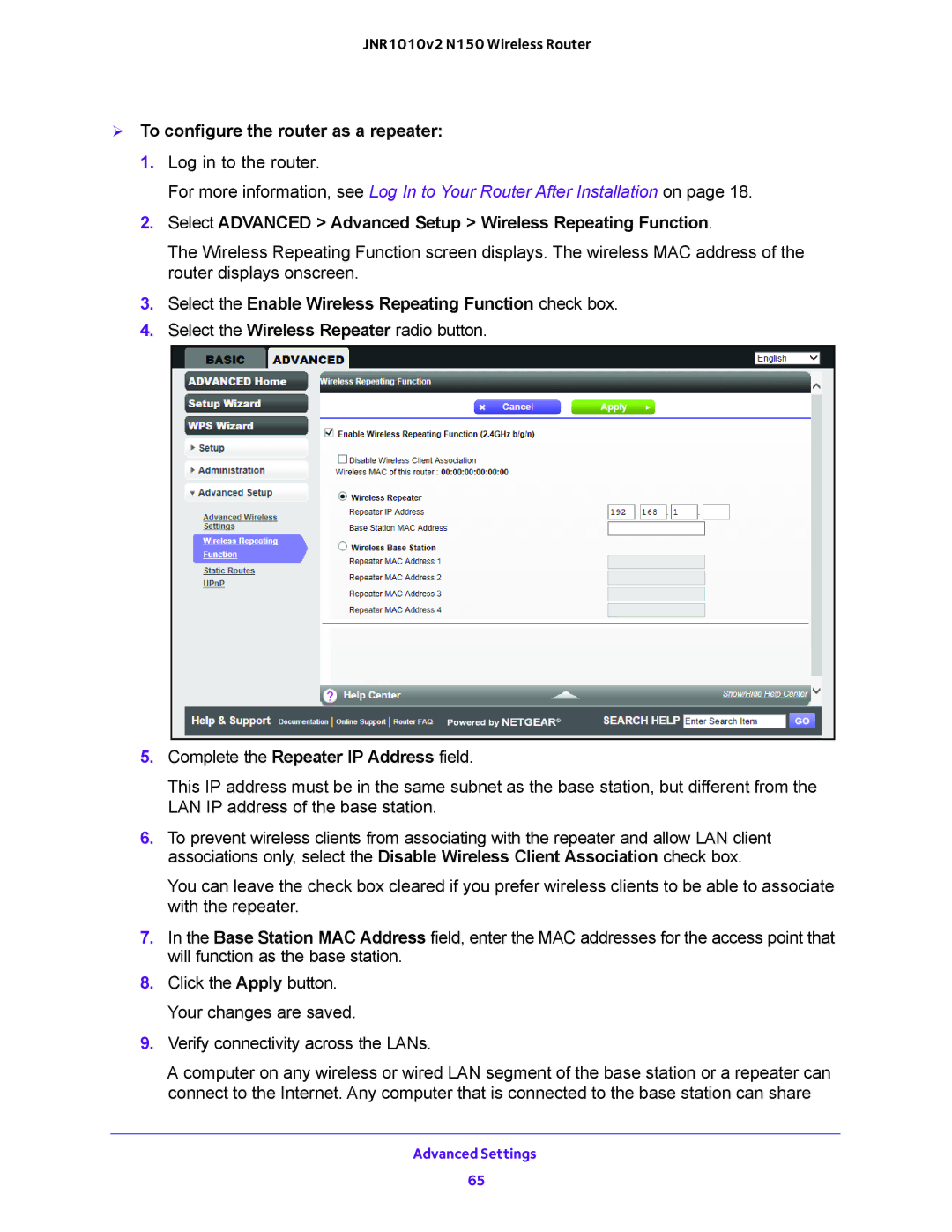 NETGEAR JNR1010V2 user manual  To configure the router as a repeater, Complete the Repeater IP Address field 