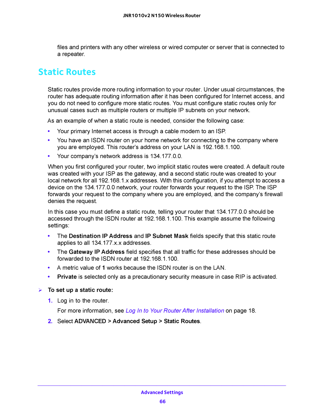 NETGEAR JNR1010V2 user manual  To set up a static route, Select Advanced Advanced Setup Static Routes 