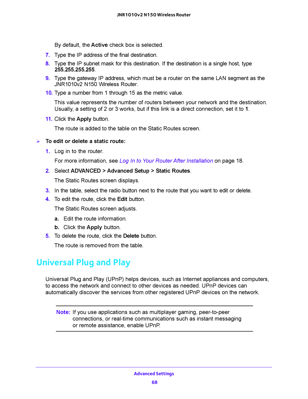 NETGEAR JNR1010V2 user manual Universal Plug and Play,  To edit or delete a static route 