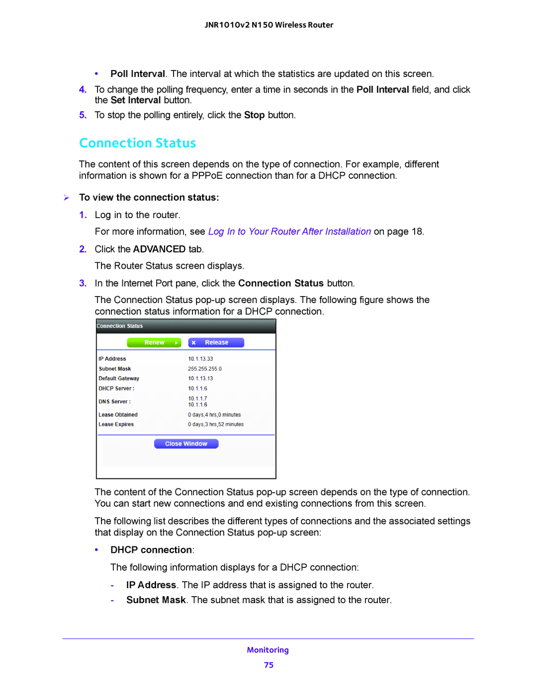 NETGEAR JNR1010V2 user manual Connection Status,  To view the connection status, Dhcp connection 