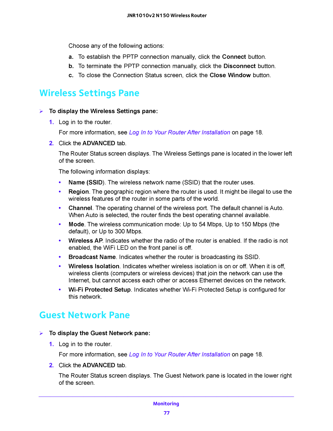 NETGEAR JNR1010V2 user manual Wireless Settings Pane, Guest Network Pane,  To display the Wireless Settings pane 