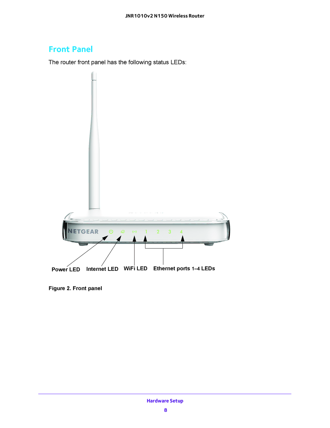 NETGEAR JNR1010V2 user manual Front Panel, Router front panel has the following status LEDs 