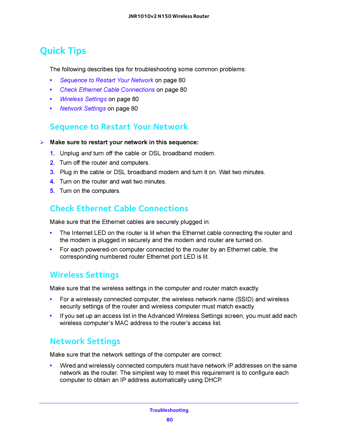 NETGEAR JNR1010V2 Quick Tips, Sequence to Restart Your Network, Check Ethernet Cable Connections, Wireless Settings 