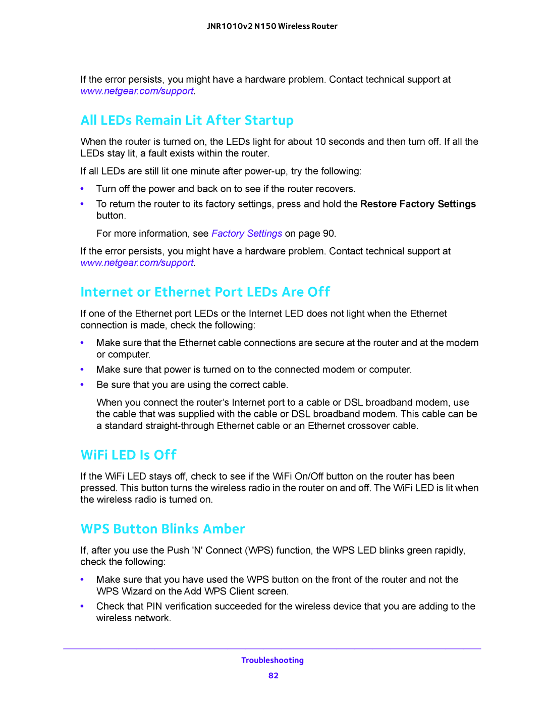 NETGEAR JNR1010V2 user manual All LEDs Remain Lit After Startup, Internet or Ethernet Port LEDs Are Off, WiFi LED Is Off 