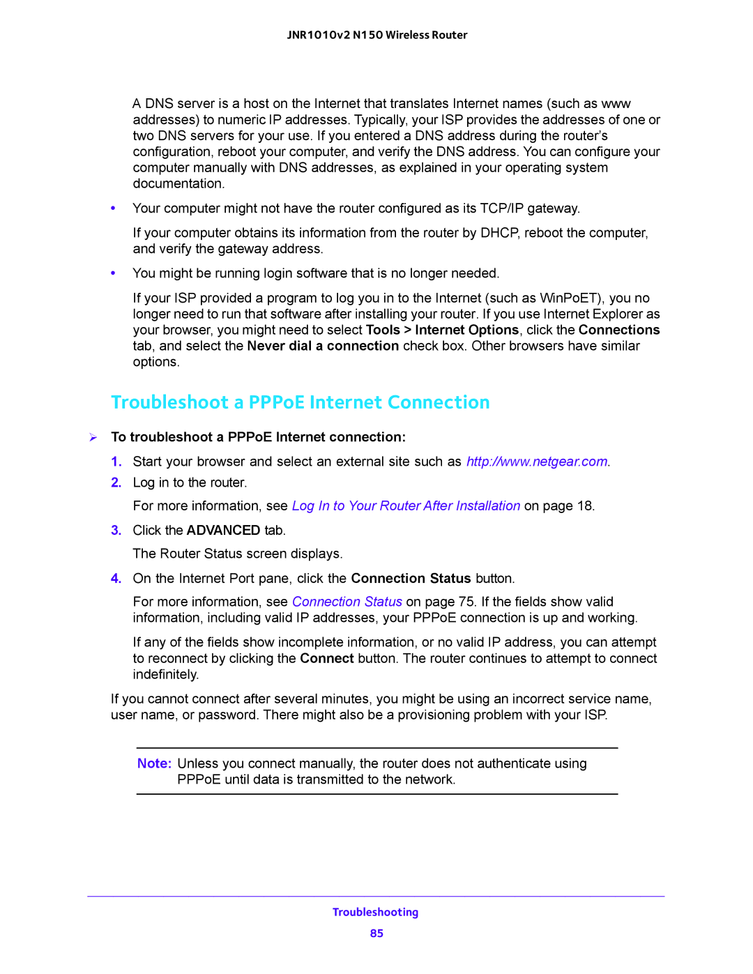 NETGEAR JNR1010V2 user manual Troubleshoot a PPPoE Internet Connection,  To troubleshoot a PPPoE Internet connection 