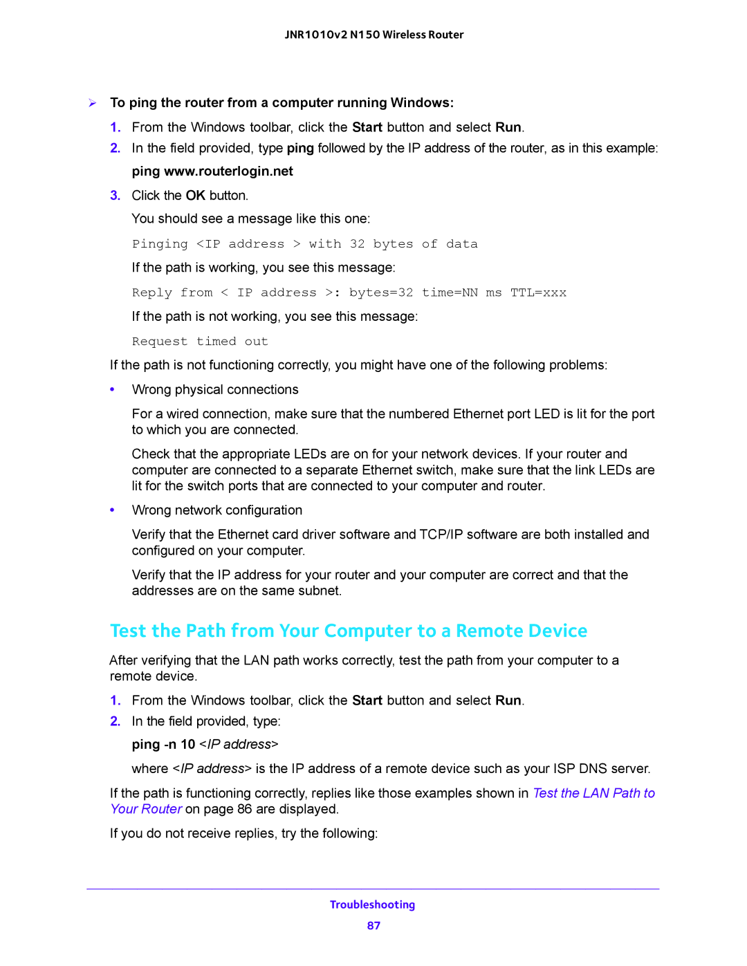 NETGEAR JNR1010V2 user manual Test the Path from Your Computer to a Remote Device 