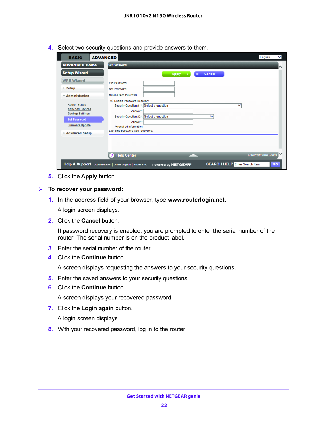 NETGEAR JNR1010V2 user manual  To recover your password 