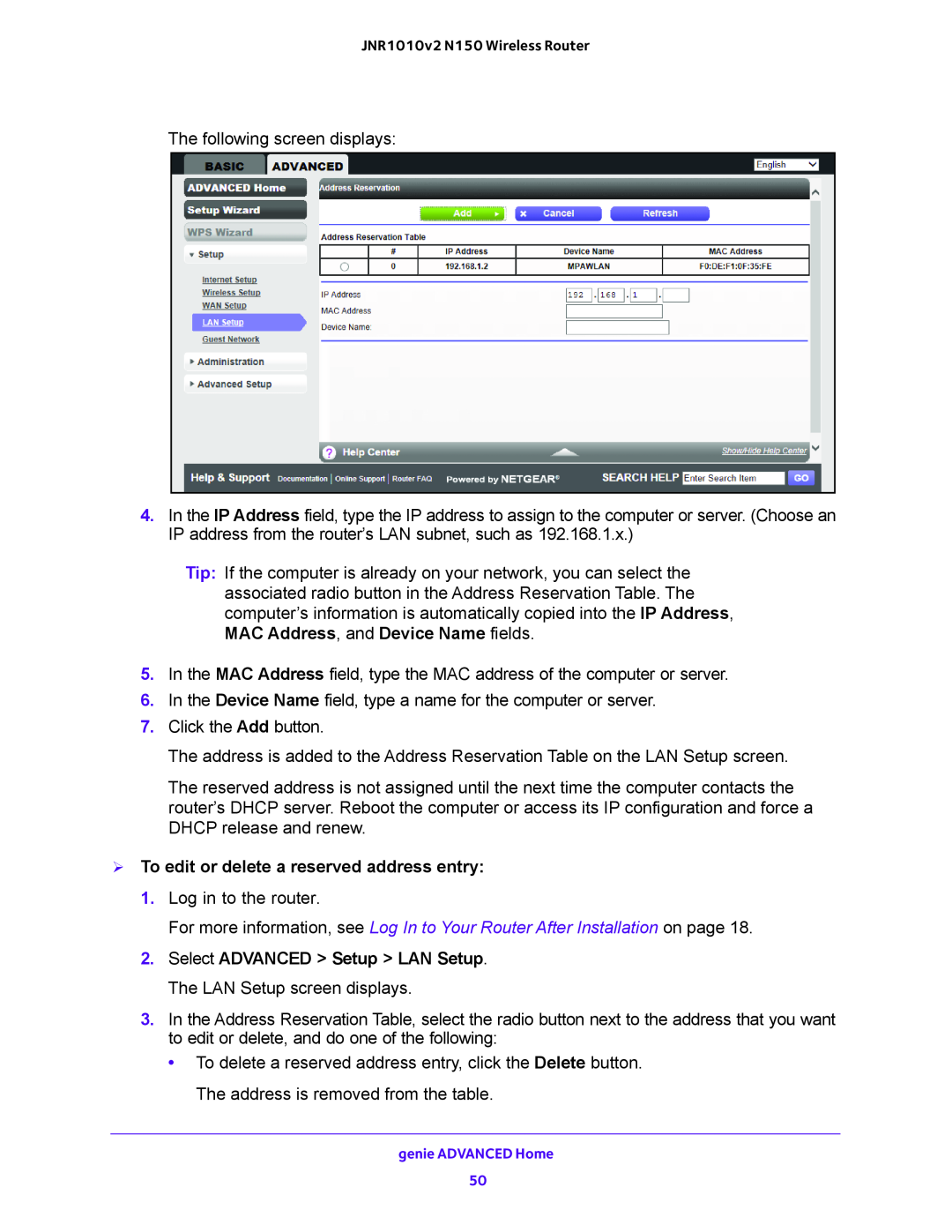 NETGEAR JNR1010V2 user manual  To edit or delete a reserved address entry 