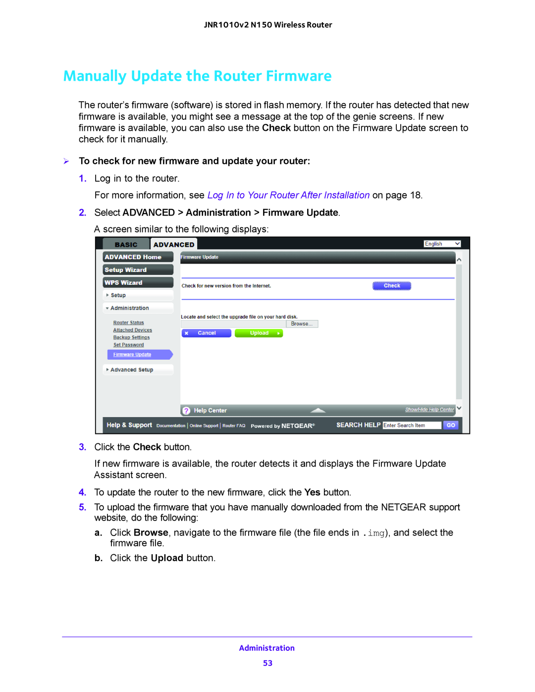 NETGEAR JNR1010V2 user manual Manually Update the Router Firmware,  To check for new firmware and update your router 