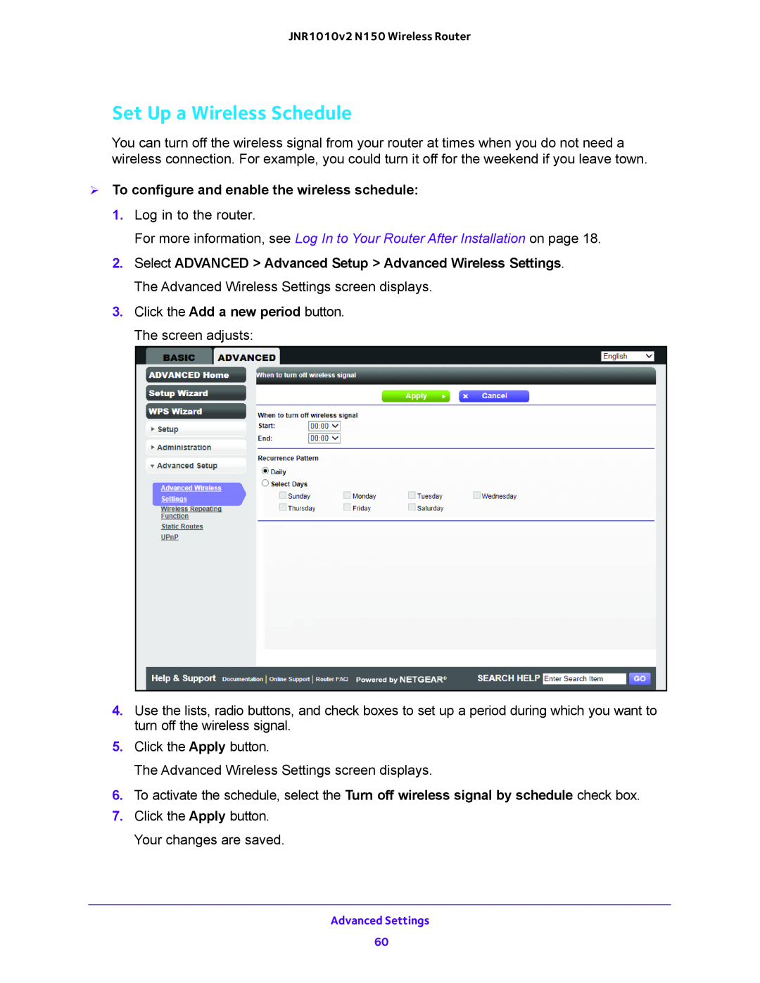 NETGEAR JNR1010V2 user manual Set Up a Wireless Schedule,  To configure and enable the wireless schedule 